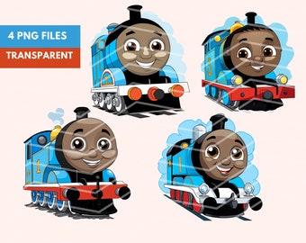 Black Kid Train Clipart, 4 PNG, Tom the Train Inspired, Vehicle and Friends, Boy Birthday, Watercolor Illustrations, Transportation