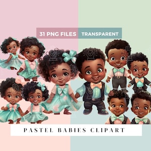 Pastel Baby Boy and Girl Clipart, 31 PNG, Black Gender Reveal, Little Girl with Bow Dress, Black twins with Bowtie, pastel theme baby shower