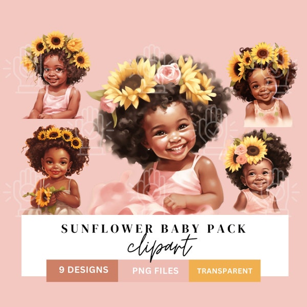 Black Baby Girl Clip Art, Little Girl Sunflowers, Yellow Flower Theme, Newborn Infant clipart, Pink Carnations, Shower, Gender Reveal, 9 PNG