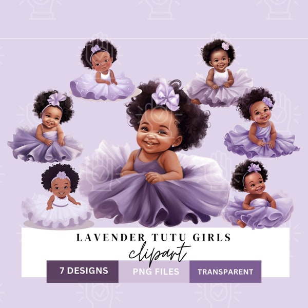 Black Baby Girl in Lavender Tutu Dress Clipart, Little Girl PNG, Purple Theme Baby shower, Brown kids clipart, natural hair, Gender Reveal