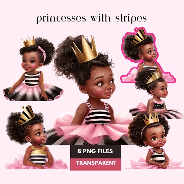 Little Black Girl Princess Clipart, Black and White Stripes, Pink Tutu, Hot pink stripes dress, Baby Shower decor, Kid with Gold Crown