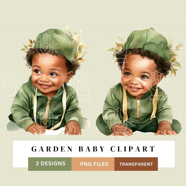 Garden Black Baby Boy Clipart, Little Boy Garden, Green Cap Theme, Newborn Infant clip art, Baby Shower, Gender Reveal PNG