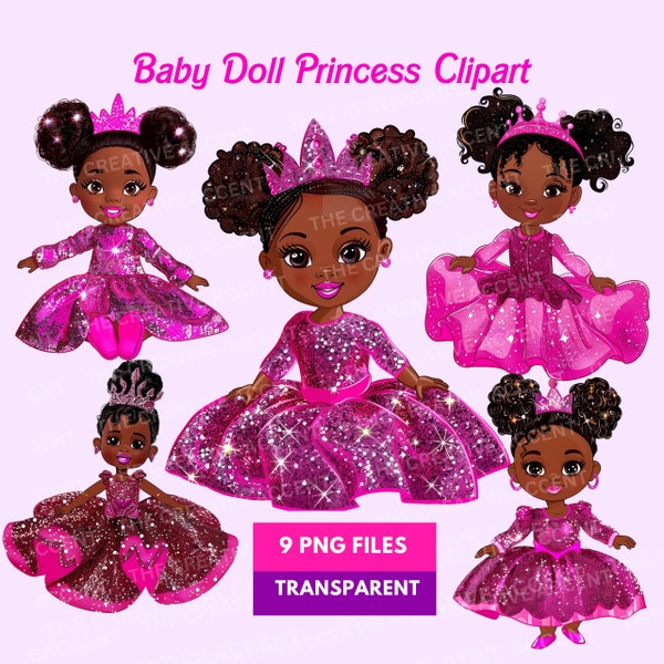 Black Doll Baby Princess Clipart, 9 PNG, African American Toddler with Tiara and hot pink Glitter dress, Dark-Skinned Royal Kids Party