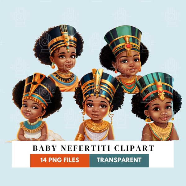 Egyptian Baby Clipart, 14 PNG, Black Girl Baby Shower Cartoon, Little Nefertiti Girl with Queen Headdress Ancient Egypt Theme Gender Reveal