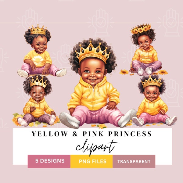 Black Toddler Princess in Pink and Yellow, Clipart, Little Baby Girl with Crown PNG bundle, Sunflower theme watercolor, baby shower