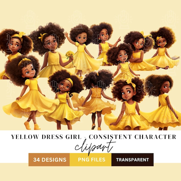 Cute Black Girl in Yellow Dress, Consistent Character Clipart, 34 PNG Bundle, Cartoon Illustration, Little Girl, Children's Book Character