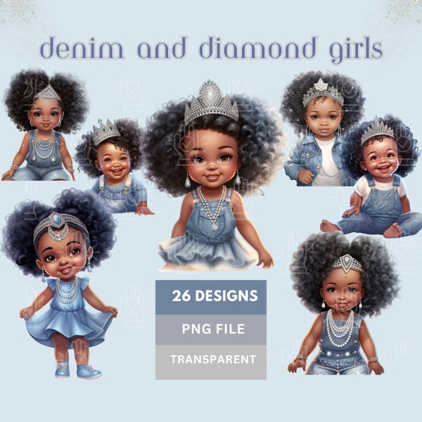 Denim and Diamond Black Baby Girl Princess Clipart, Silver, Blue Jean Theme Baby Shower, Silver, Gray Hair Cartoon, Bling Royal Crown PNG