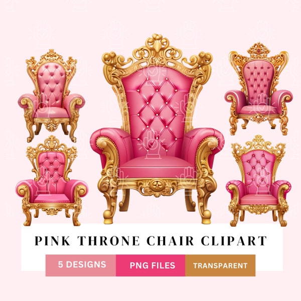 Pink Throne Chair Clipart, 5 PNG Files, Royal Theme Clip Art, Hot Pink and Gold French Royal Chair, Cartoon, Illustration, Instant Download