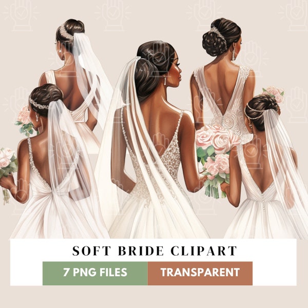 Black Bride Back View Clipart, 7 PNG, Wedding Woman With Veil, Flowers, White Dress, Newlywed, Soft Watercolor, Engagement Illustration