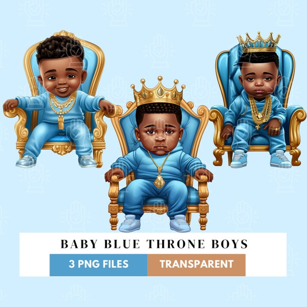 Black Baby on Royal Throne, Chair, Prince with Crown, Baby Blue Shower Clipart, Crowned Boy Sitting, King PNG, African-American, Children