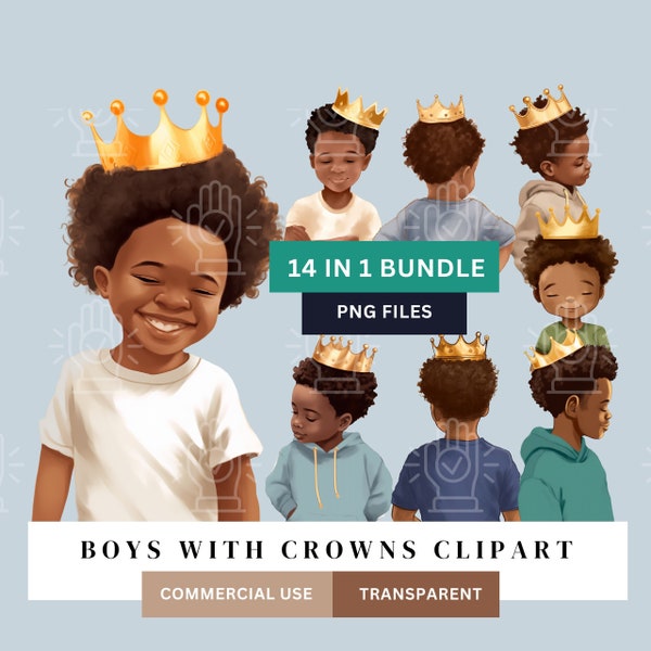 Black Boy With Gold Crown Clipart, 14 PNG Bundle, Little Prince Clip Art, Watercolor, Brown Boy Afro, African-American Toddler, Teen, King