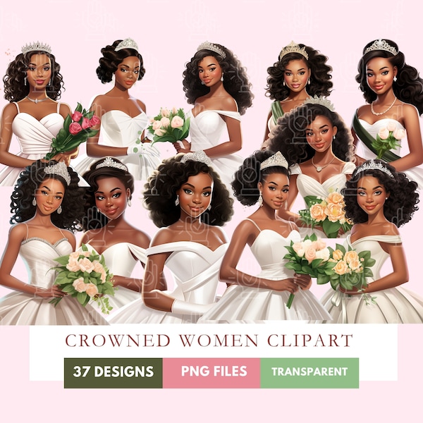 Black Debutante Women Clipart, 37 PNG, Women Girl Ladies, Cartoon Illustration, Queen, Princess, Bride, White dress, Gloves, Pageant, Crown
