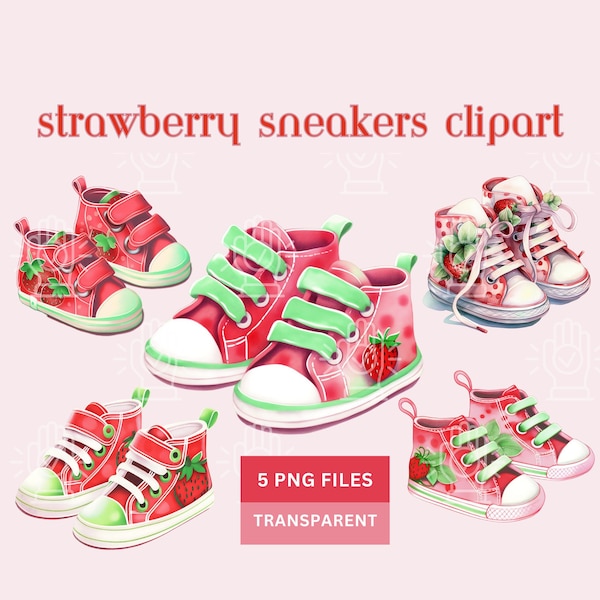 Strawberry Shoes Clipart, 5 PNG, Strawberry Shortcake Baby Shower Theme Decor, Elements, Baby Girl, Pink, Baby Sneakers Watercolor Art