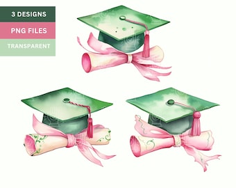 AKA Graduation PNG, Pink and Green Alpha Kappa Alpha Colors, Watercolor Clipart, Cap & Diploma, Sorority Clip Art, Graduate Party