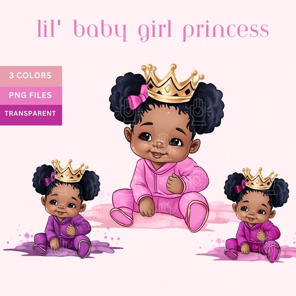 Black Baby Girl Princess, Baby Shower Clipart, Little Urban Queen Decor PNG, Pink, Purple, Fuchsia Sweatsuit Gender Reveal, Crown