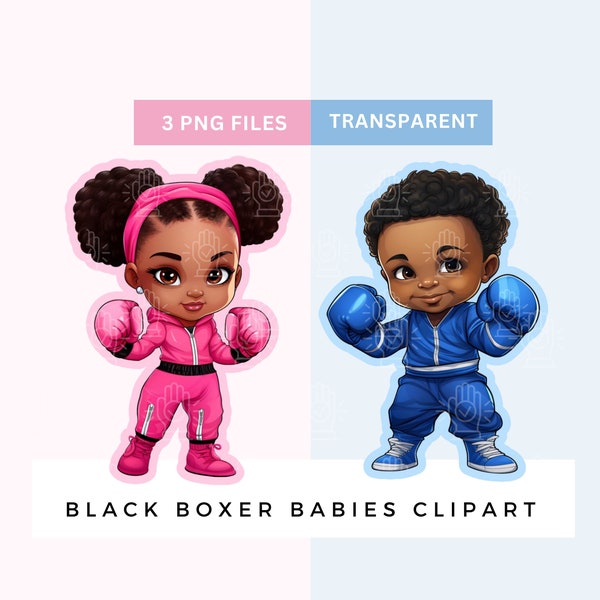Black Baby Boxer Gender Reveal Clipart, Little Boy and Girl Boxer, Royal Blue Vs. Hot Pink, Twins Baby Shower, Wrestler Illustration, 3 PNG