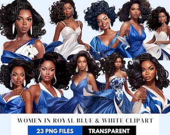Black Women in Royal Blue and White, Sorority Women Clipart, 23 PNG, Sweet Soror illustration, Zeta Phi Beta Sorority inspired, ZPhiB D9