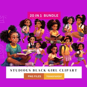 Smart Black Girl Clip Art, Studious Girls 20 PNG bundle, Reading, With Book Bag, School, Writing, Brown clipart, natural, African-American