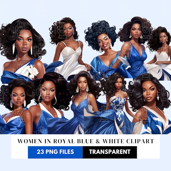 Black Women in Royal Blue and White, Sorority Women Clipart, 23 PNG, Sweet Soror illustration, Zeta Phi Beta Sorority inspired, ZPhiB D9
