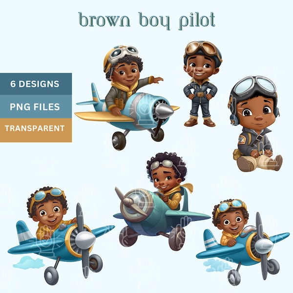 Black Boy Pilot Clip Art, Baby Shower, Birthday Theme Decor, Brown Baby in Airplane PNG, Adventure Clipart, Toddler Afro, Blue, Gold