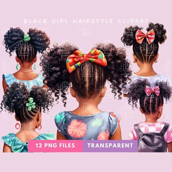 Black Girl Hairstyle Clipart, 12 PNG, Watercolor Back View Images, Little Afro Puffs, Pigtails, kids braids, natural hair, African-American