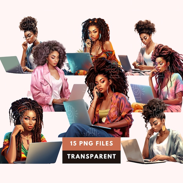 Black Woman on Laptop Clipart, 15 PNG, Girl Working, Studying, Business, Planner, Journal, Office, College Art, School, Afro, Locs Cartoon