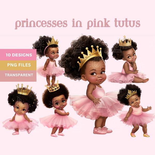 Princess in Pink Tutu Dress Clipart, Little Black Baby Girl with Gold Crown, 10 PNG bundle, Brown kids, natural hair, ballerina baby shower