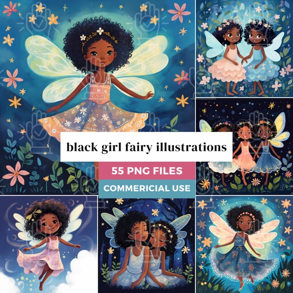 Black Girl Fairy Clipart, Little Fairies, Fairytale Cartoon Character Art, 55 PNG bundle, Children's Book Illustrations African-American Kid