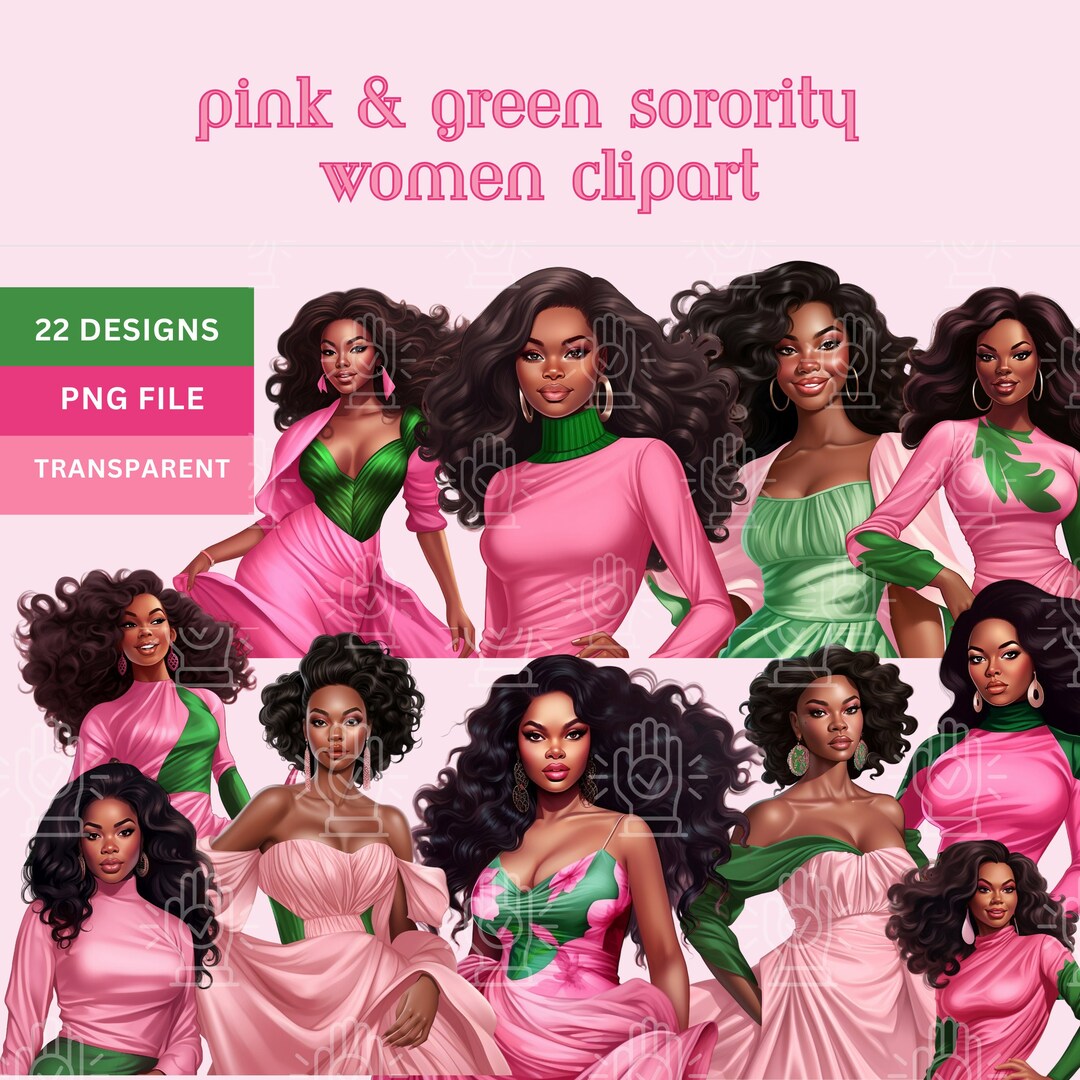 Pink & Green Sorority Women Clipart, 22 PNG, Beautiful Black Women Ladies Bundle, Illustration