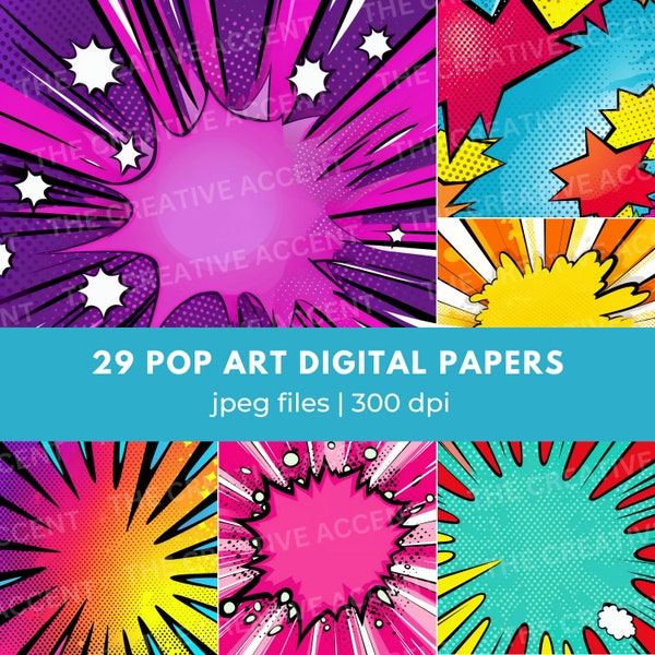 Pop Art Background Digital Paper, 29 JPEG Digital Papers, Ai, Pow Kaboom Art, Clouds, Colorful Comic Book Illustrations