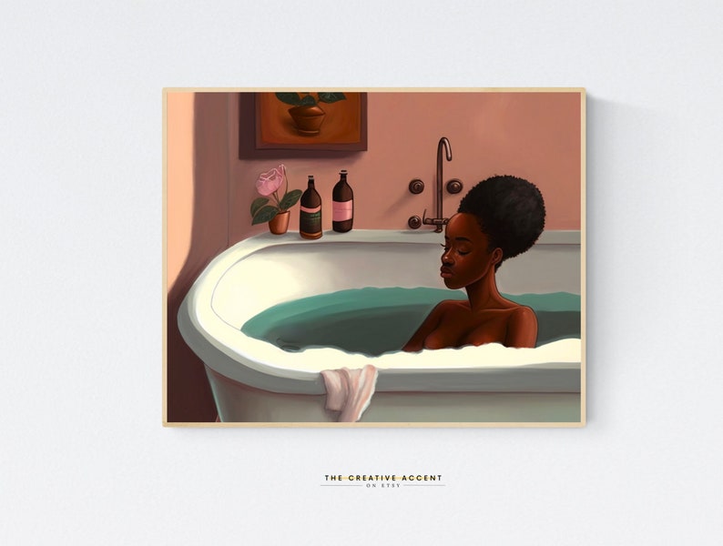 Black woman in bathtub, Bathroom wall art, Printable Painting Black Girl, Wall Art, Bath African-American Art, Pink, Teal, Afro Hair, Modern image 2