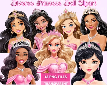 Princess Doll Clipart, Diverse Girl, 13 PNG, Young Woman with Tiara  Crown and Hot pink dress, Diversity Queen, Let's Party