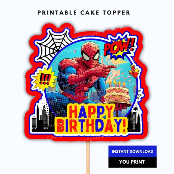 Printable Spider Hero Cake Topper, PDF + PNG Digital Files, Superhero Man, Boy Happy Birthday Party, Blue and Red Kids Clipart, Print