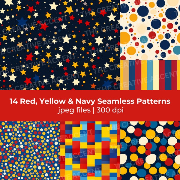 Red, Yellow and Navy Blue Seamless Patterns, 14 PNG Kids Digital Papers, Ai, Colorful Children's Backgrounds, Shapes, Instant Download