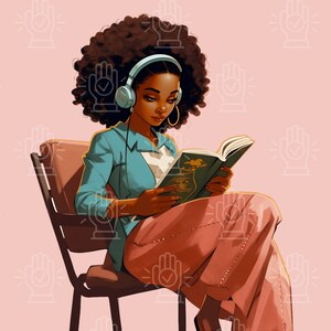 Retro Black Girl Reading Clipart, Studying, 13 PNG Bundle, Reading ...