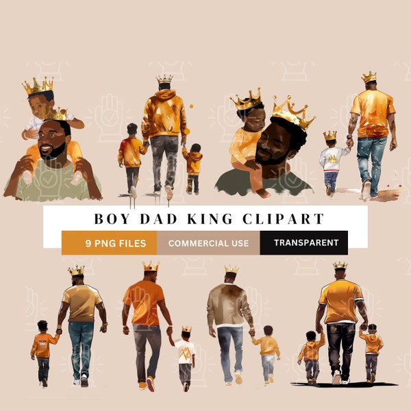 Clipart père noir, garçon papa marchant avec son fils 9 PNG Bundle, thème roi, Illustration, dessin animé, brun, enfant afro-américain, fête des pères