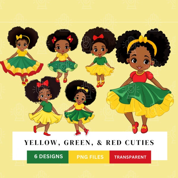Little Black Girl Clipart, Yellow, Red, and Green Dress Skirt PNG, Cute Afro Toddler Design, Pigtail Hair, Dancing, Instant Download