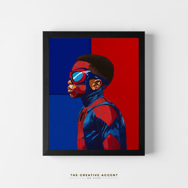 Black Kid Spider Hero Wall Art, Printable, 8x10, 16x20, African-American Boy Teen Superhero Child Art, Red and Blue Kids decor, Hero Poster