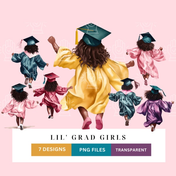 Little Black Girl Graduate, Toddler Graduation Party Clipart, Pre K, 3K, 4K, Kindergarten, Pre-school PNG, Elementary Grad Art, Cap and Gown