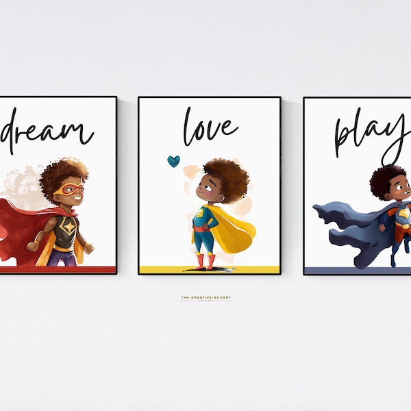 Black Boy Superhero Prints, Boy Wall Art, Digital Motivational affirmations, Kids decor, Poster, Kids Room, African-American Art, Toddler