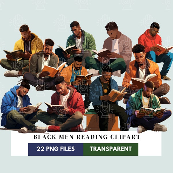 Black Men Reading Clipart, 22 PNG Bundle, Smart, College Male With a Book, School, Studying Cartoon, Afro, Children's Book Illustration