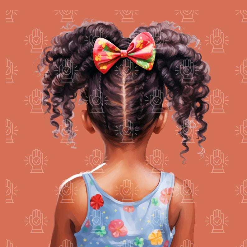 Black Girl Hairstyle Clipart, 12 PNG, Watercolor Back View Images, Little Afro Puffs, Pigtails, kids braids, natural hair, African-American image 5