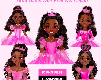 Little Black Girl Princess Doll Clipart, 10 PNG, African American Toddler with Crown and hot pink dress, Dark-Skinned Queen Kids Party