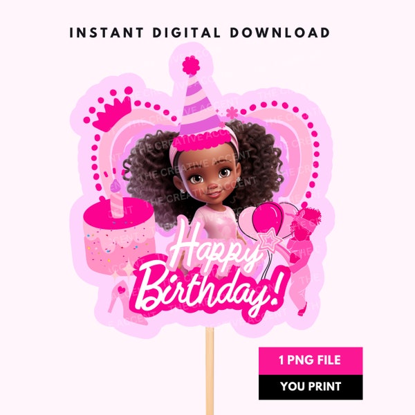 Printable Black Doll Cake Topper,  1 PNG, Pink, Toddler, Little Black Baby Girl Doll Themed Party, Digital File Afro Hair Version clipart