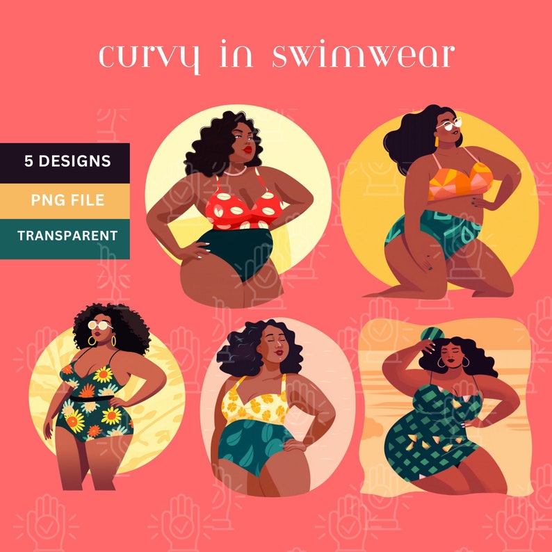 Plus-size Black Woman Clipart, Curvy Girl Clip art, Cartoon in Swimwear, Beach Day, Black Girl PNG, Thick Girl Swimsuit, Afro Lady Cartoon image 1