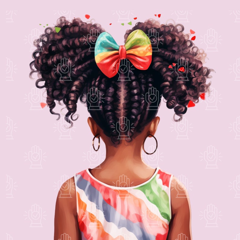 Black Girl Hairstyle Clipart, 12 PNG, Watercolor Back View Images, Little Afro Puffs, Pigtails, kids braids, natural hair, African-American image 4