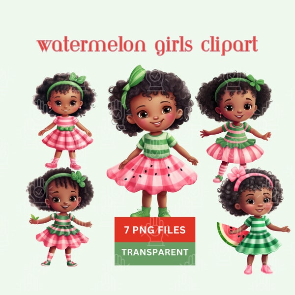 Watermelon Baby Girl Clipart, 7 PNG, Little Black Girl Toddler, Cute Watermelon Theme, Cute Afro, Dresses, Watercolor Soft Illustration