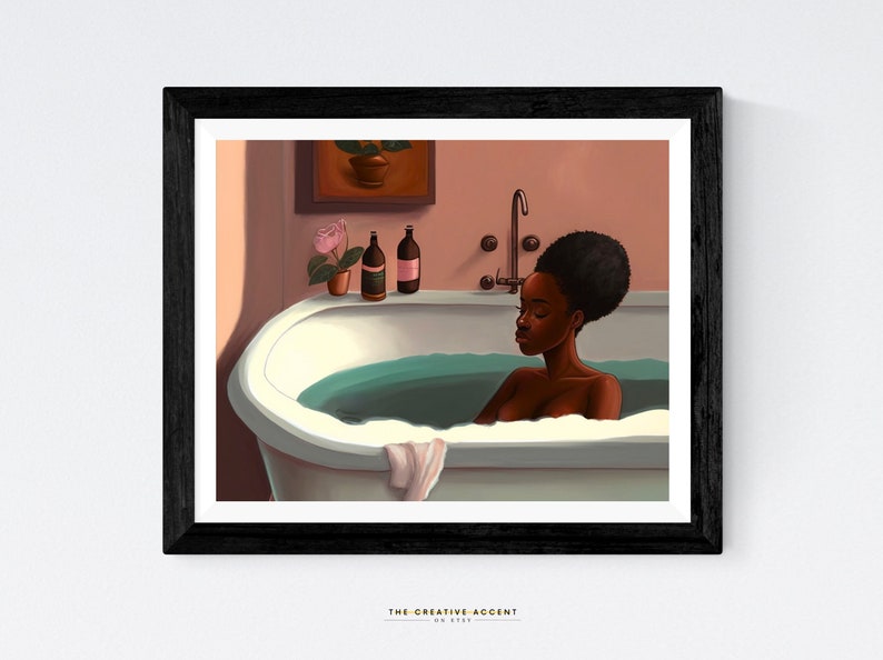 Black woman in bathtub, Bathroom wall art, Printable Painting Black Girl, Wall Art, Bath African-American Art, Pink, Teal, Afro Hair, Modern image 1