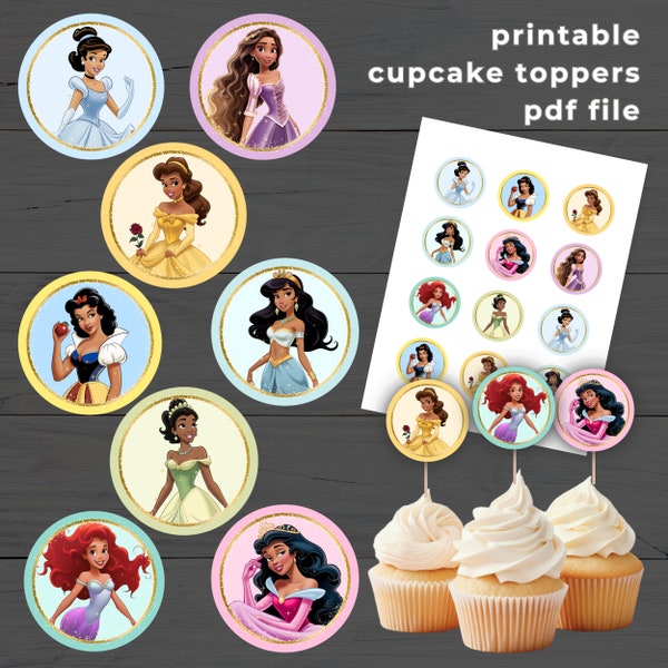 Printable Black Princess Cupcake Toppers, Girl Kids Fairytale Birthday Party, PDF + PNG Instant Download, African American Version