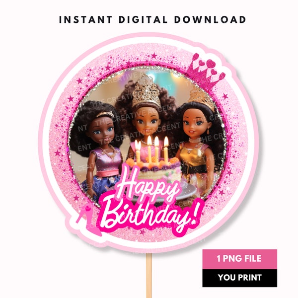Instant Download Black Doll Cake Topper, 1 Printable PNG, Pink, Little Black Girl Party, Digital File, Afro Hair Version, Themed Clipart